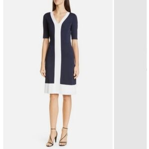 St. John Milano Knit Navy Blue With White Dress Size 8 3/4 Sleeves Very Elegant